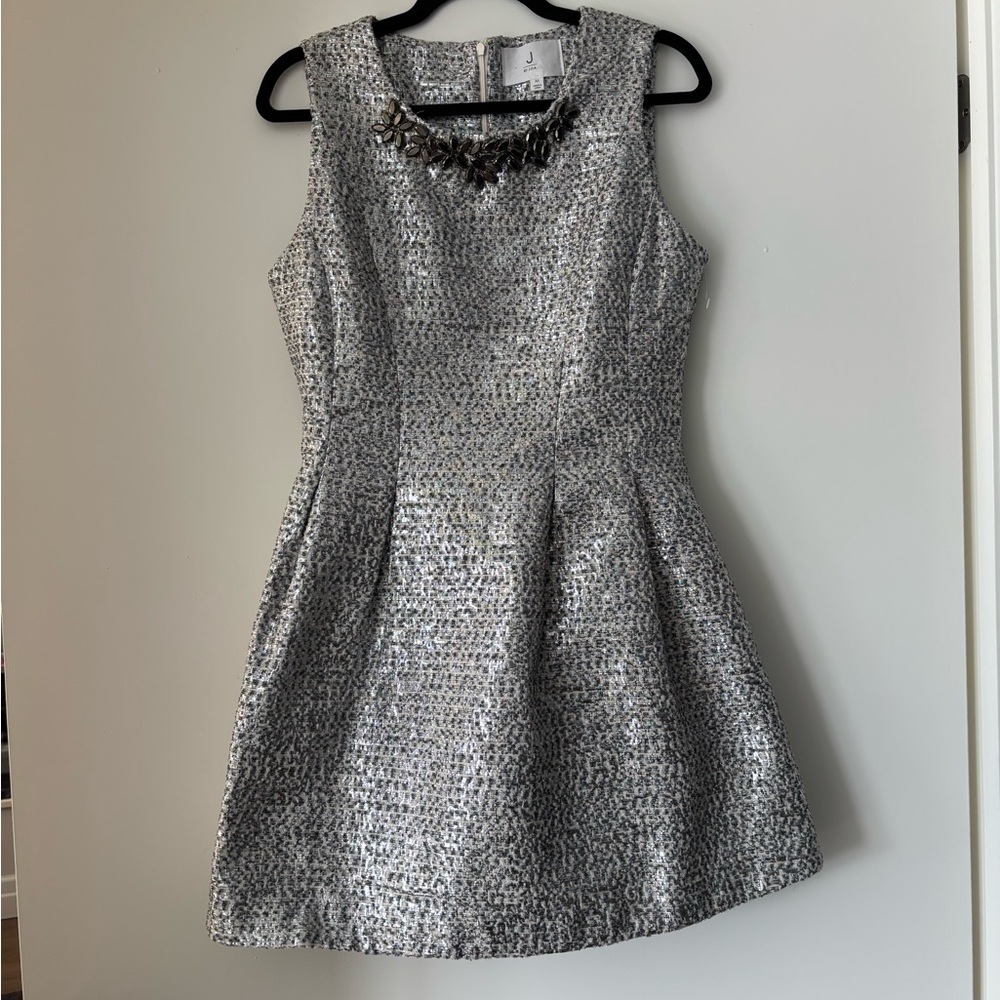 Silver Metallic Textured Fit & Flare Dress with Embellished Neck